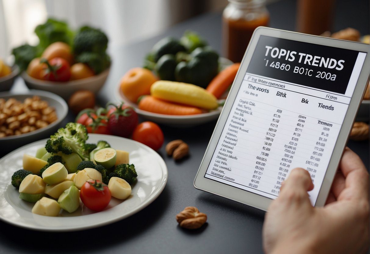 A table with various food items labeled as top diet trends for 2024. A chart showing the correlation between diet and health. A person reading a book on nutrition in the background