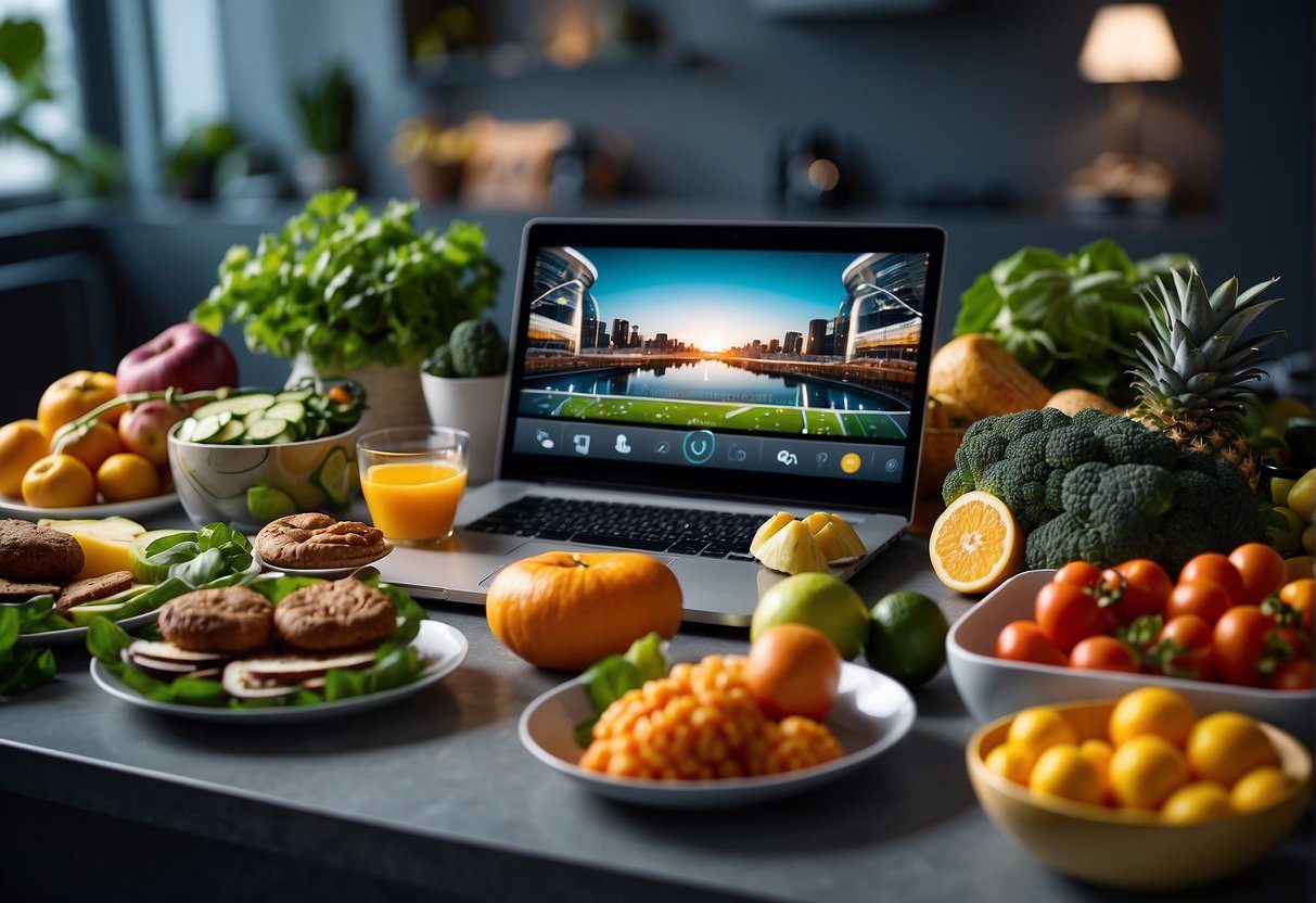 A colorful spread of plant-based foods and exercise equipment, surrounded by futuristic gadgets and technology. The scene exudes a sense of health and vitality, capturing the essence of diet and lifestyle innovations in 2024
