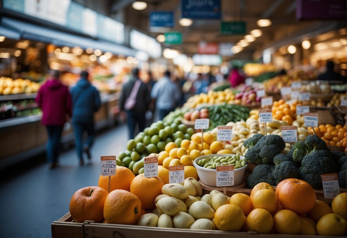 A crowded market displaying various diet trends in 2024, with colorful packaging and signage promoting health outcomes
