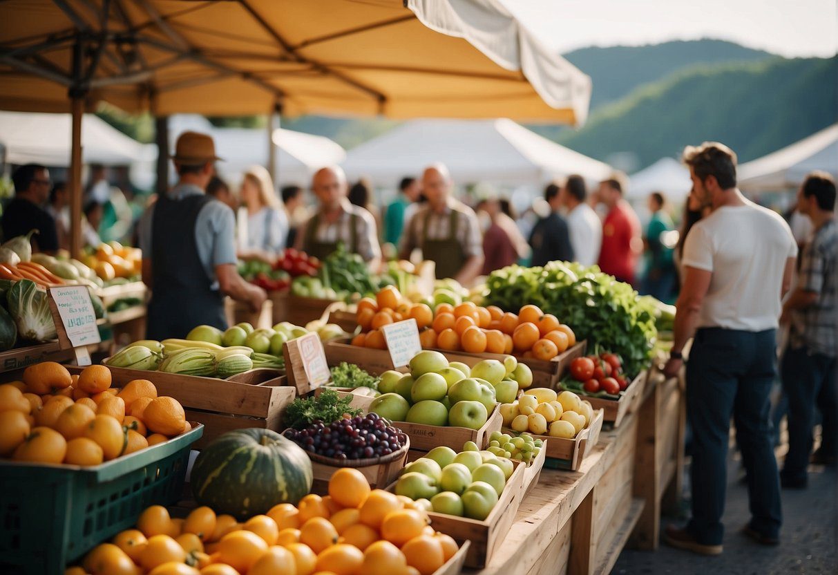 A vibrant farmer's market with colorful, organic produce and eco-friendly packaging. People gather around sustainable food stalls and nutritionists promoting lifestyle diets