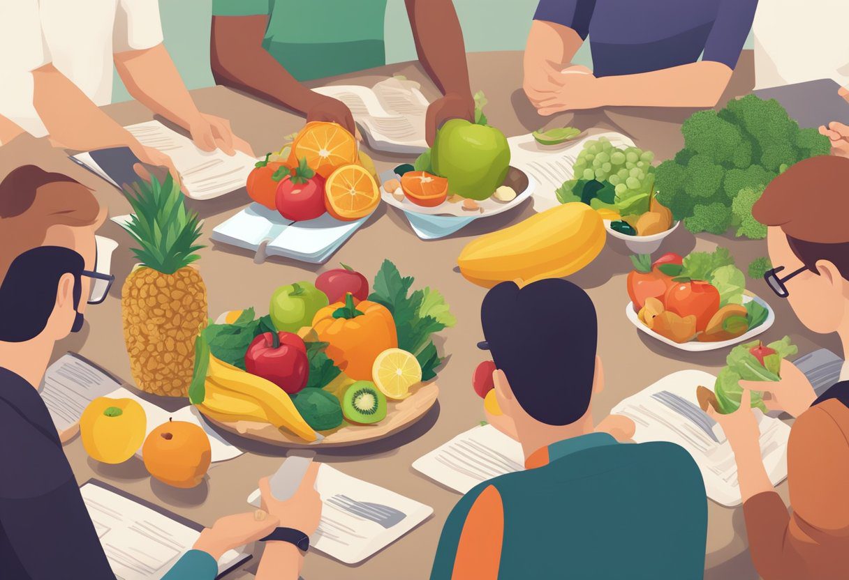 A table filled with colorful fruits, vegetables, and whole grains, surrounded by people reading nutrition labels and discussing healthy eating choices