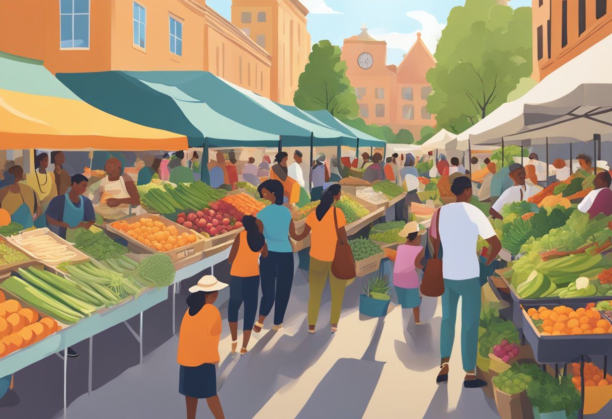 A bustling farmers market with diverse, organic produce. People are browsing and purchasing plant-based and sustainable food options. The scene is vibrant and filled with energy