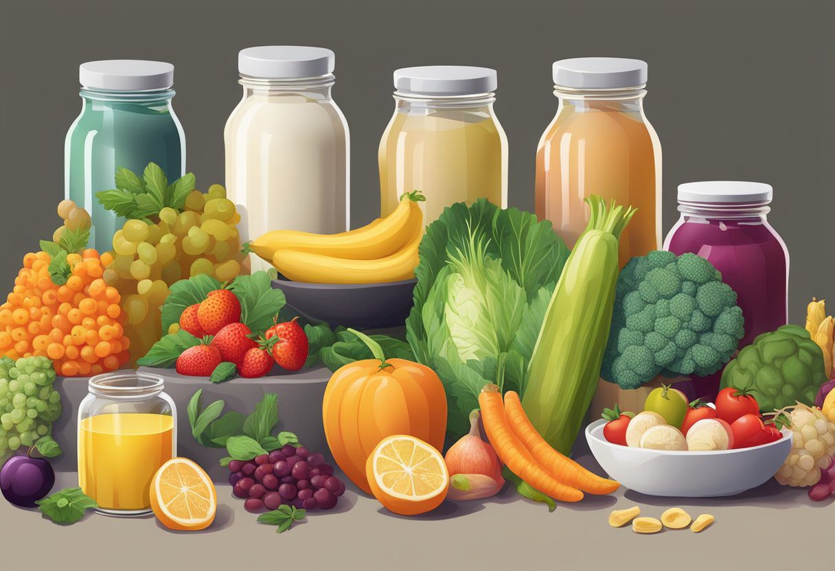 A diverse array of colorful fruits, vegetables, and fermented foods are arranged on a table, surrounded by jars of probiotic-rich beverages and supplements