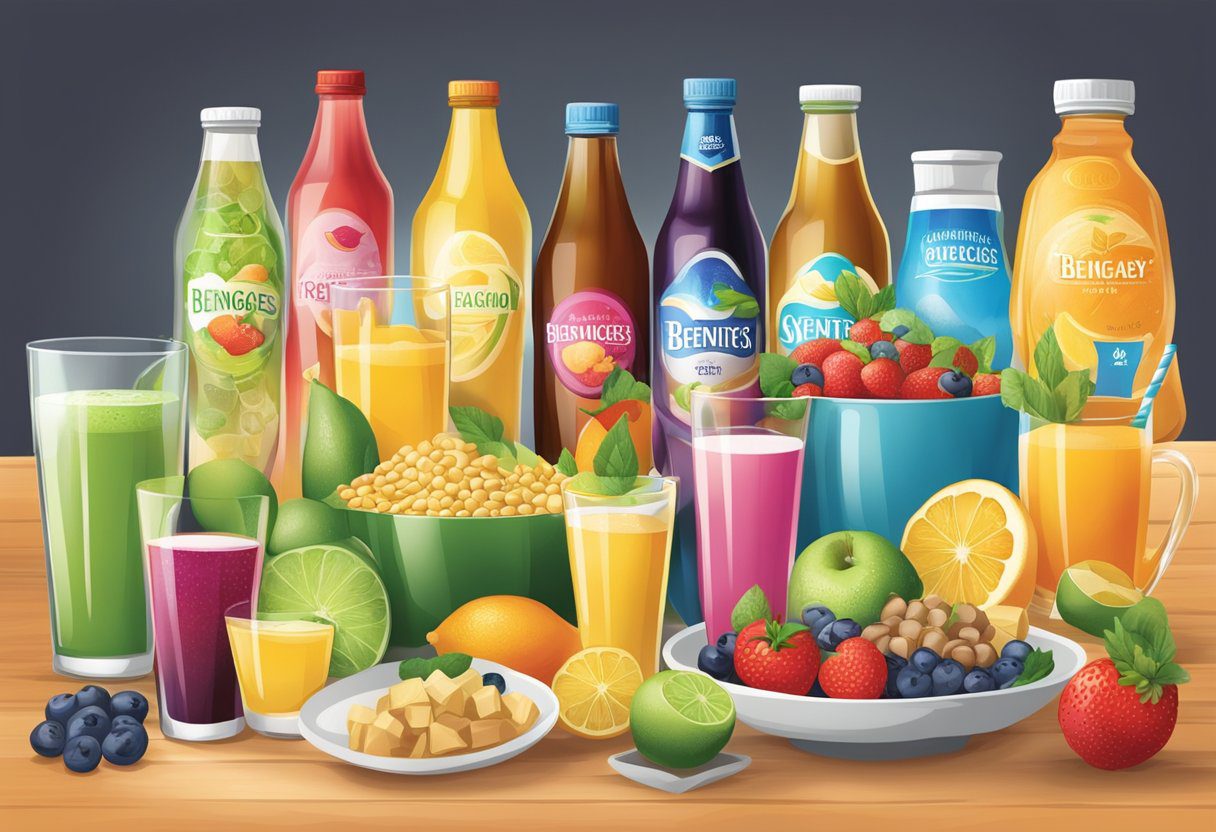 A table displays various beverages labeled "Beverages with Benefits" showcasing colorful and nutritious ingredients, surrounded by health-conscious consumers