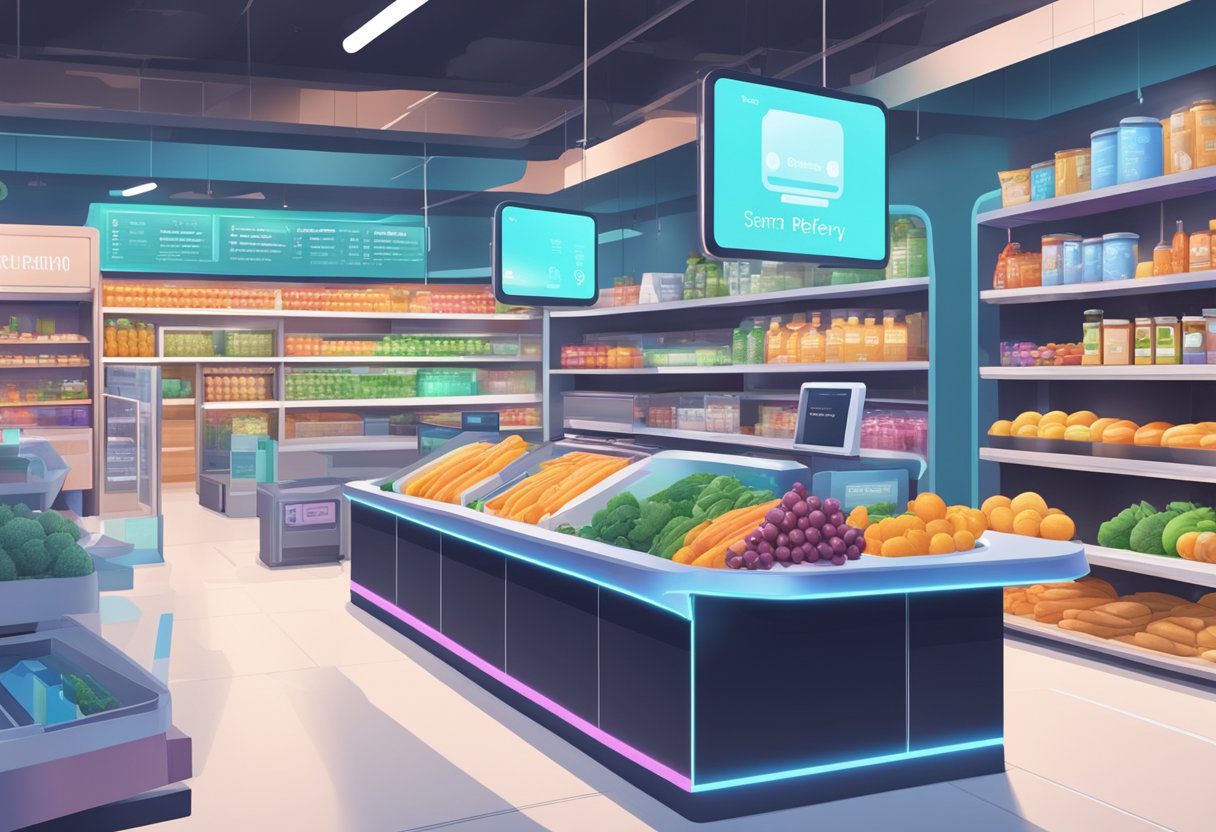 A futuristic grocery store with automated checkout, drone delivery, and holographic displays showcasing personalized nutrition information