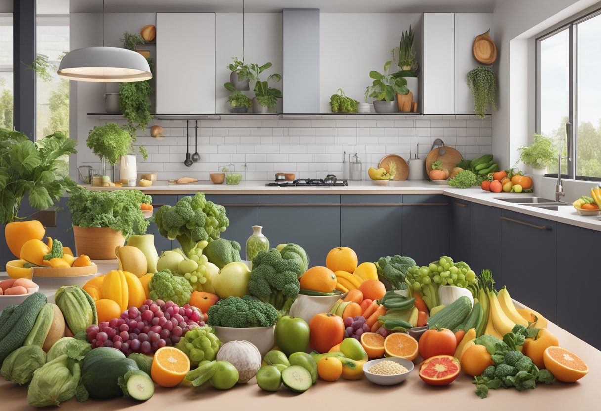 A colorful array of fruits, vegetables, and plant-based proteins fill a modern kitchen, showcasing the trend towards plant-focused dietary patterns in 2024