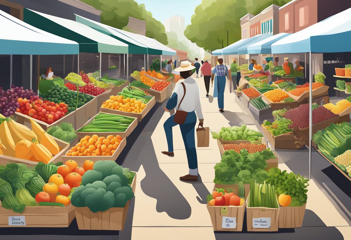 A bustling farmer's market with colorful fruits, vegetables, and superfoods on display. Signs promote nutrient-rich ingredients and sustainable farming practices
