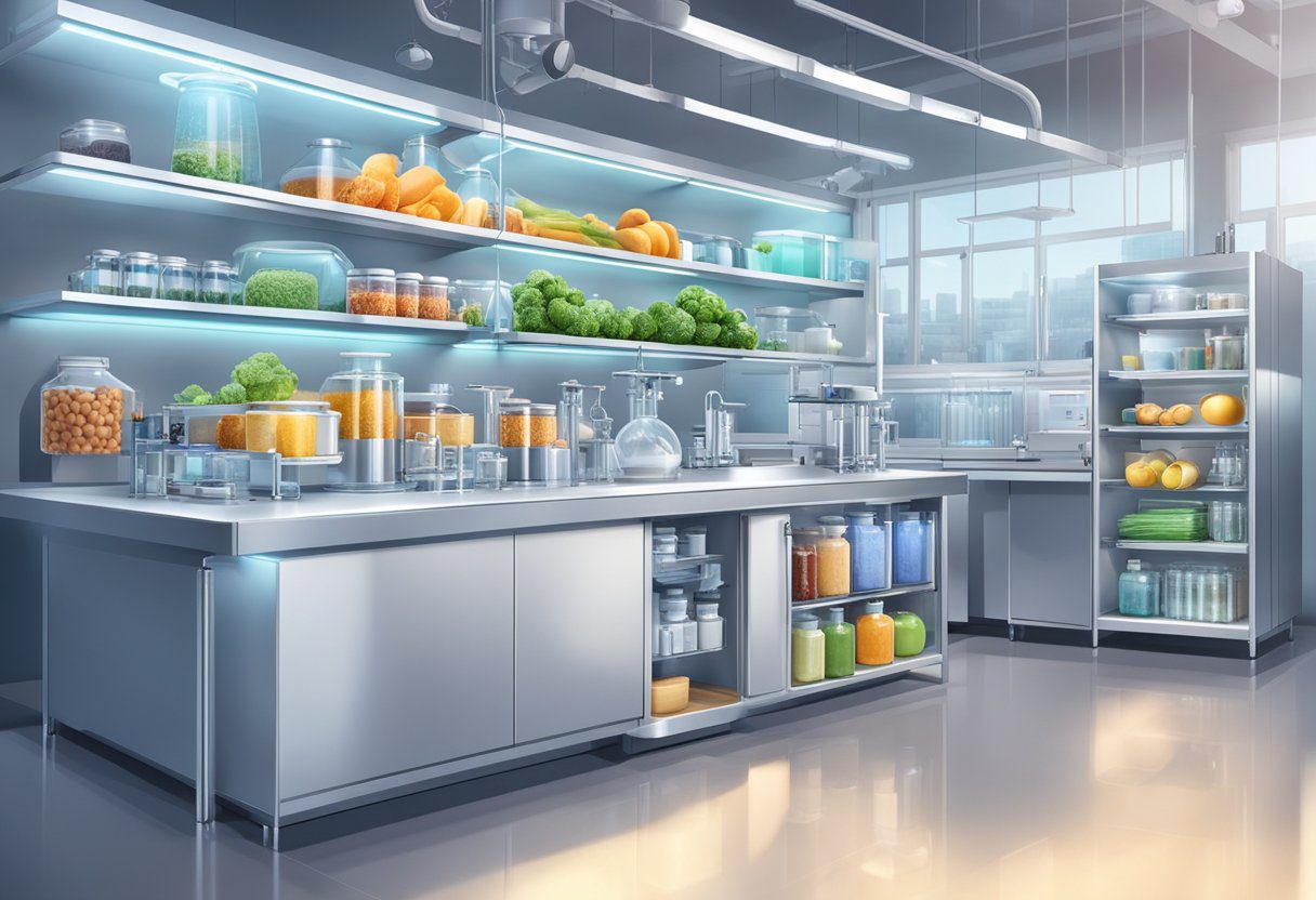 A modern laboratory with advanced equipment and futuristic food products on display, showcasing the latest trends in nutrition and technology for 2024