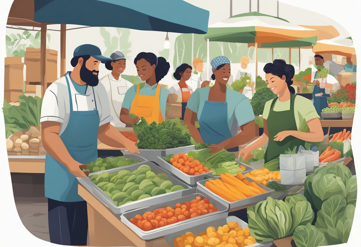 A bustling farmers' market with diverse, colorful produce and eco-friendly packaging. A chef prepares plant-based dishes while customers engage in conversations about ethical food choices