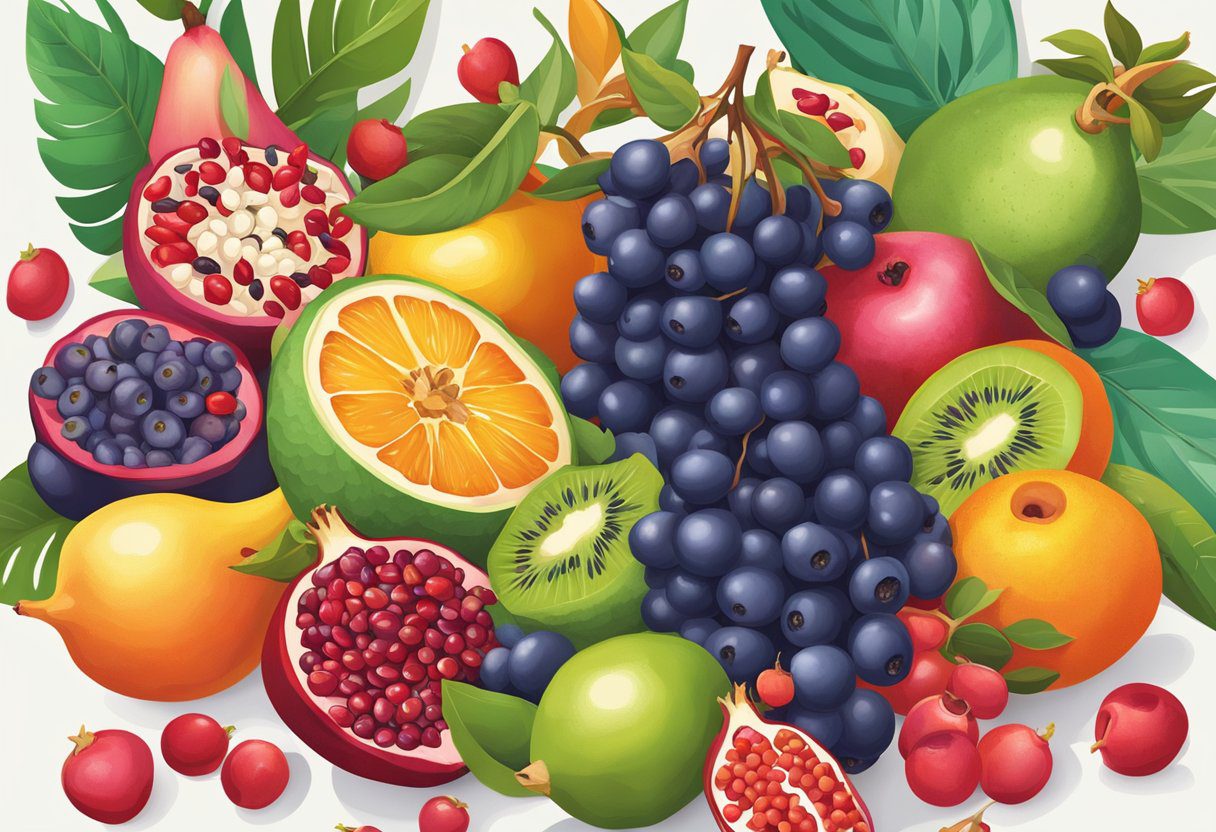 A colorful array of exotic fruits, including acai berries, goji berries, and pomegranates, are displayed on a vibrant background. A banner with the words "Superfruits" and "Health Benefits" is prominently featured