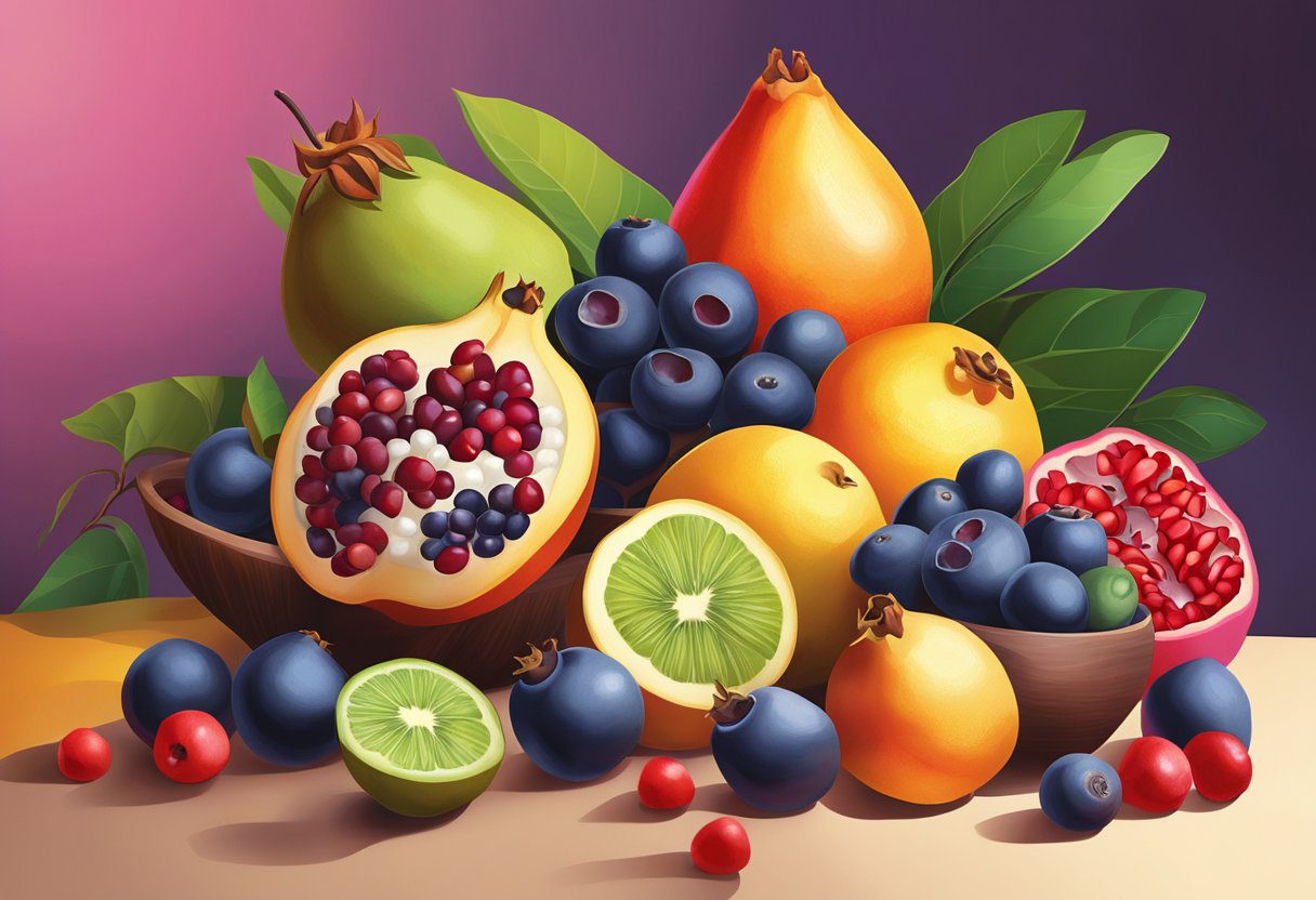 A variety of colorful exotic fruits, such as acai berries, goji berries, and pomegranates, are arranged on a sleek, modern table. A beam of light shines down on the fruits, highlighting their vibrant colors and enticing appearance