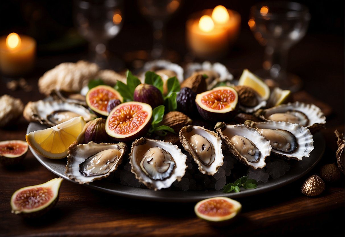 A table set with oysters, figs, and chocolate. A background of romantic ambiance with dim lighting and soft music
