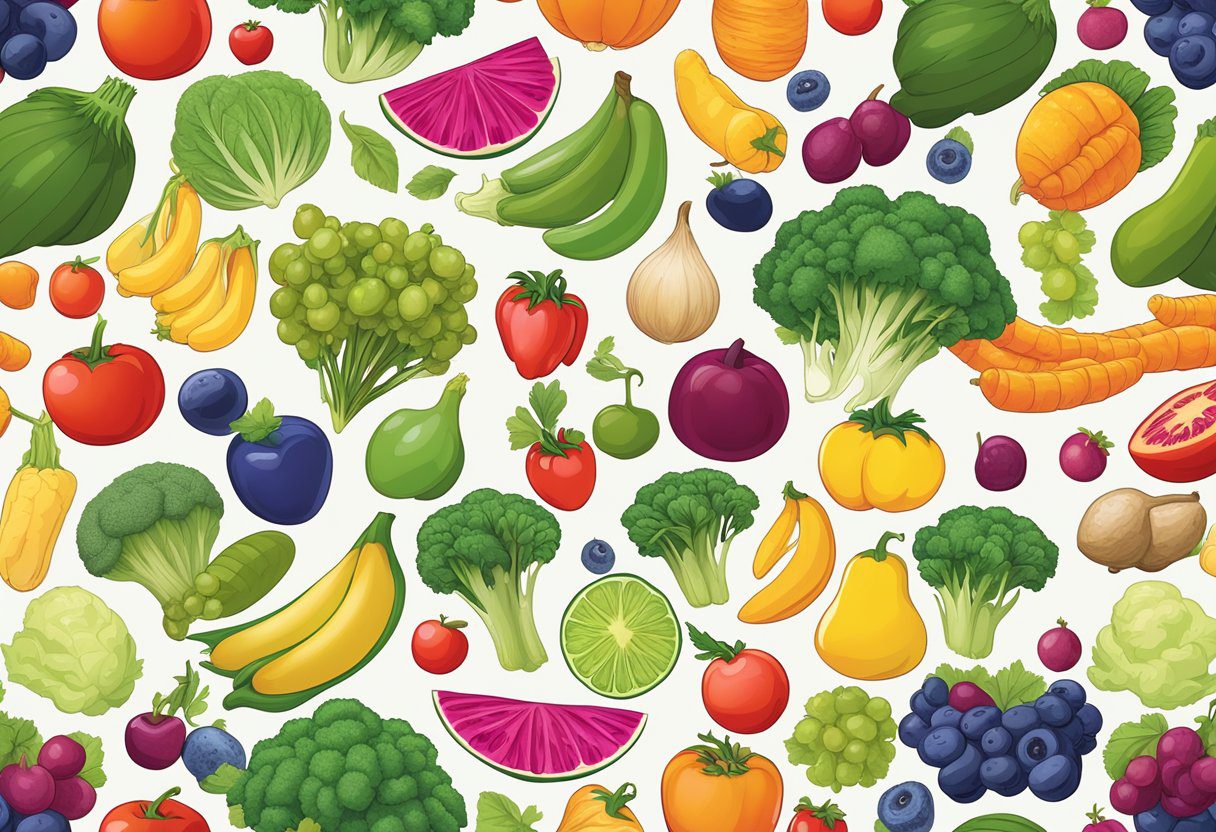 A colorful array of superfruits and vegetables, each with vibrant hues and unique shapes. A label displays the health benefits of each superfruit, such as antioxidants and vitamins