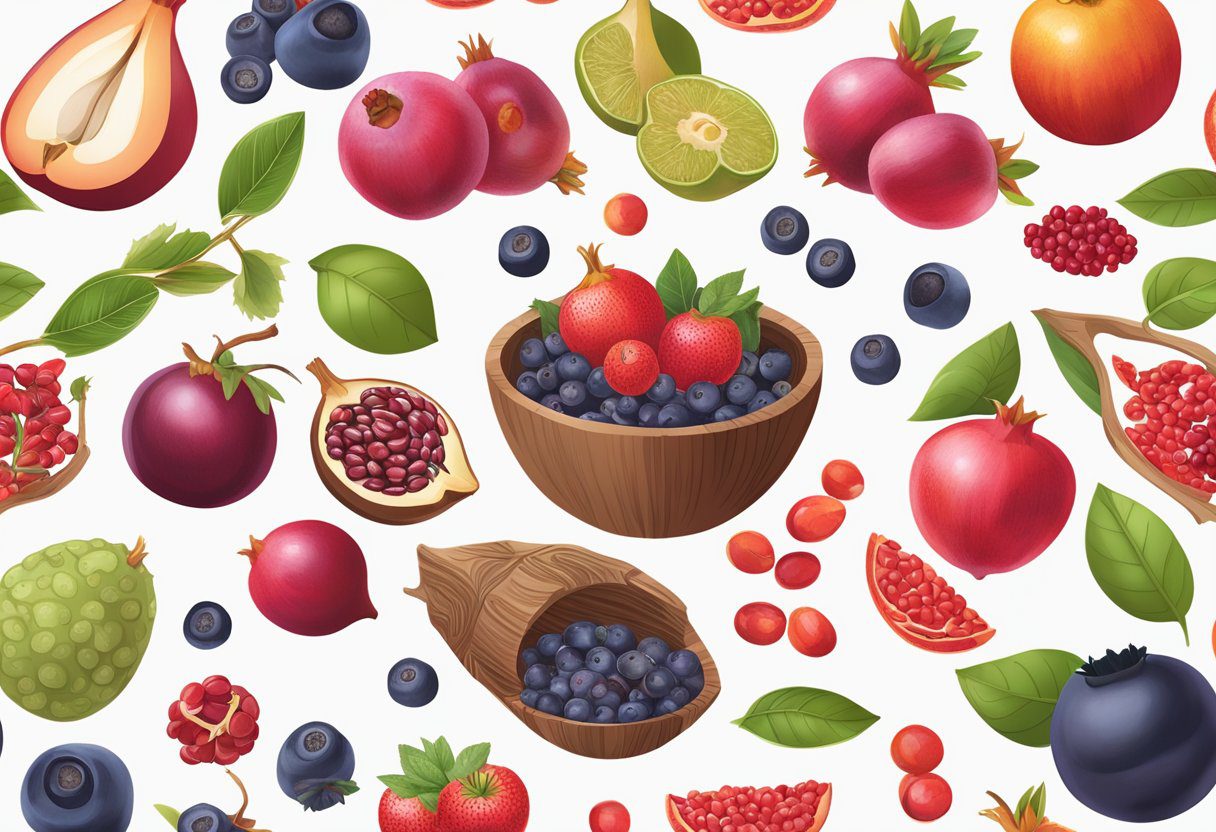 A vibrant assortment of superfruits, such as acai, goji berries, and pomegranates, displayed on a table with a variety of health benefits listed nearby