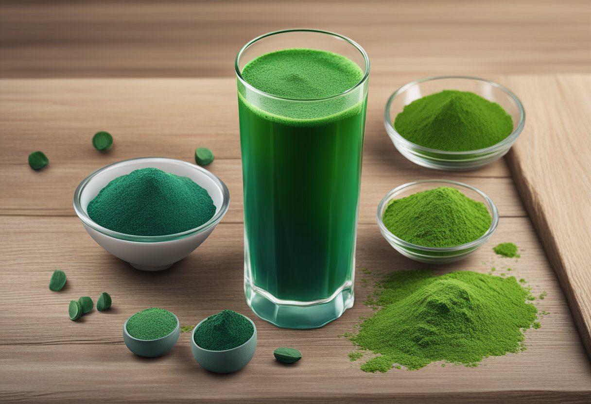 A clear glass of spirulina-infused water sits on a wooden table, surrounded by fresh green spirulina algae and a scattering of spirulina powder