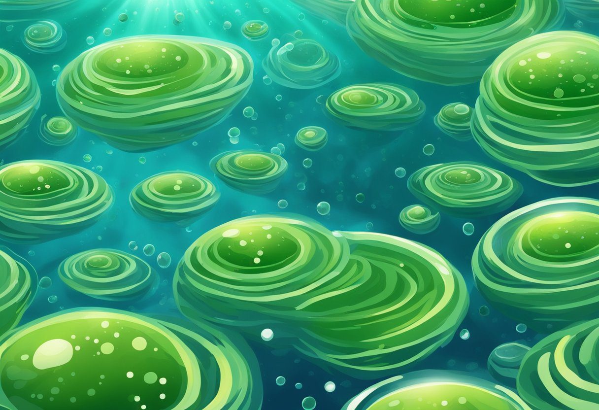 A vibrant green spirulina algae swirls in clear blue water, surrounded by tiny bubbles and sunlight streaming through the surface