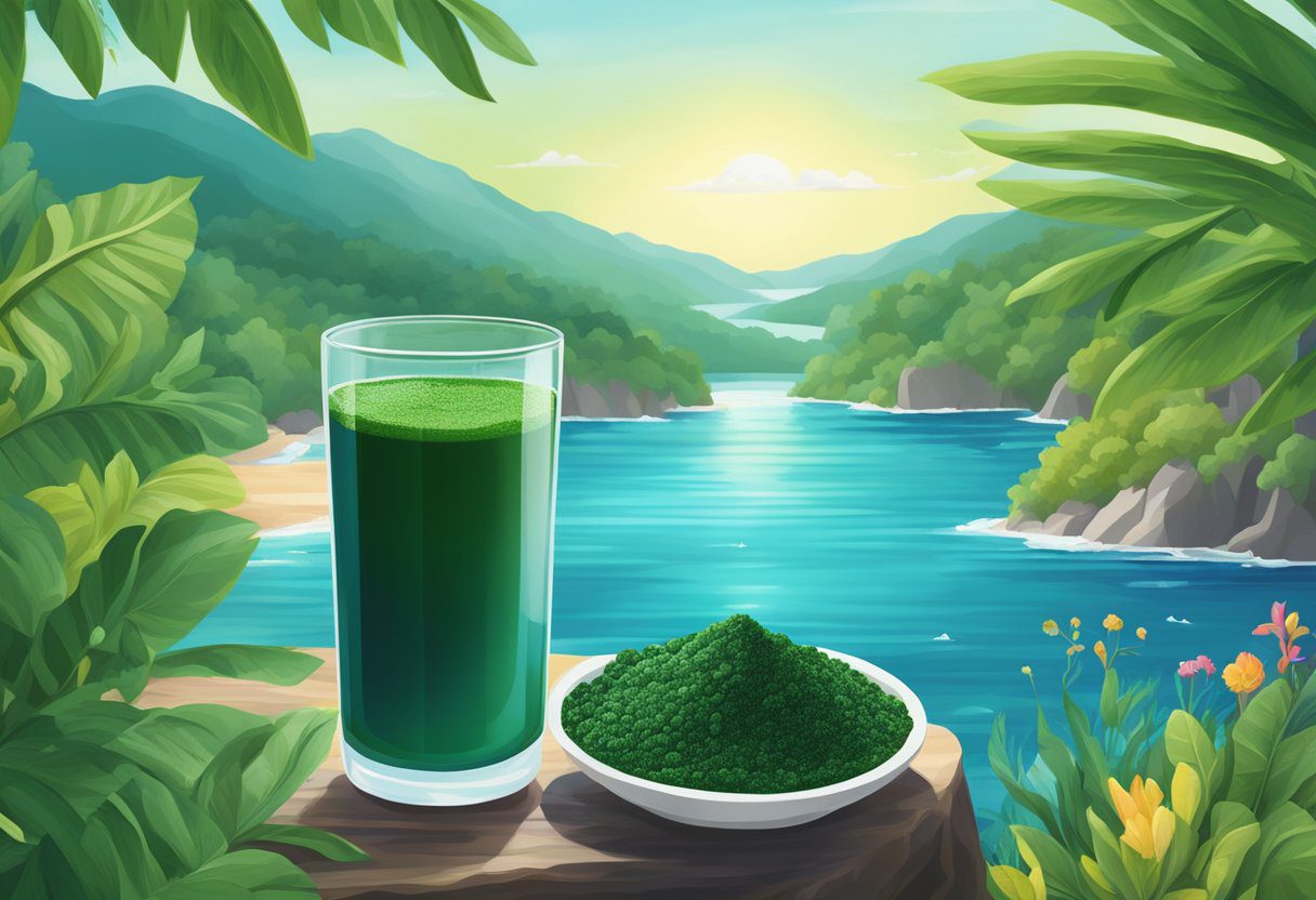 A vibrant, detailed depiction of spirulina's nutritional components, including protein, vitamins, and minerals, set against a backdrop of lush greenery and clear blue water