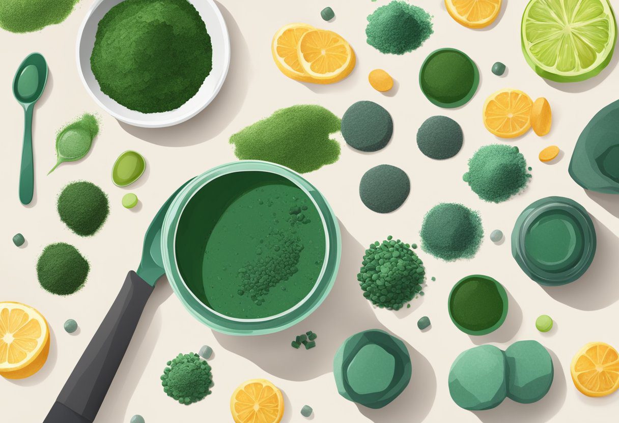 Spirulina powder being mixed into a smoothie with a spoon, surrounded by various forms of spirulina including tablets, capsules, and dried flakes