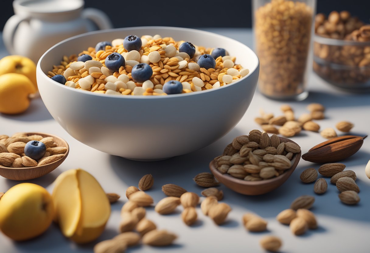 A bowl of high-protein cereals surrounded by nuts, seeds, and fruits. A dietitian's notebook and a measuring cup sit nearby