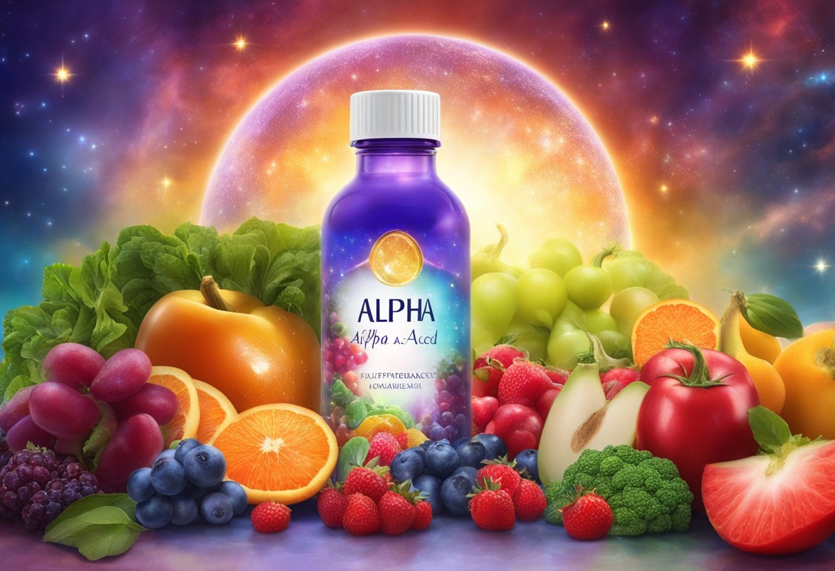 A bottle of alpha-lipoic acid supplements surrounded by fresh fruits and vegetables, with a glowing halo effect to illustrate its health benefits beyond diabetes