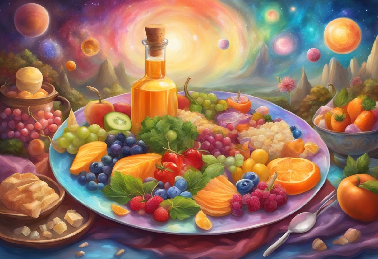 A colorful plate with balanced food groups and a bottle of alpha-lipoic acid supplements on the side