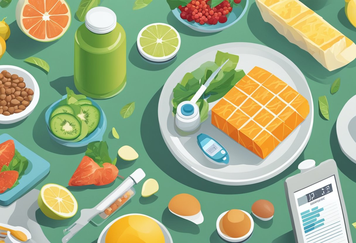 A bottle of omega-3 supplements sits next to a blood glucose monitor and a plate of healthy foods, symbolizing the potential benefits of omega-3 fatty acids for managing diabetes