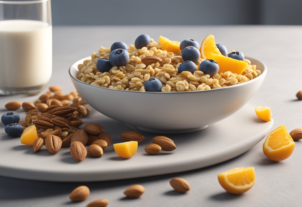 A bowl of high protein cereal topped with nuts, seeds, and fresh fruit. A glass of milk on the side