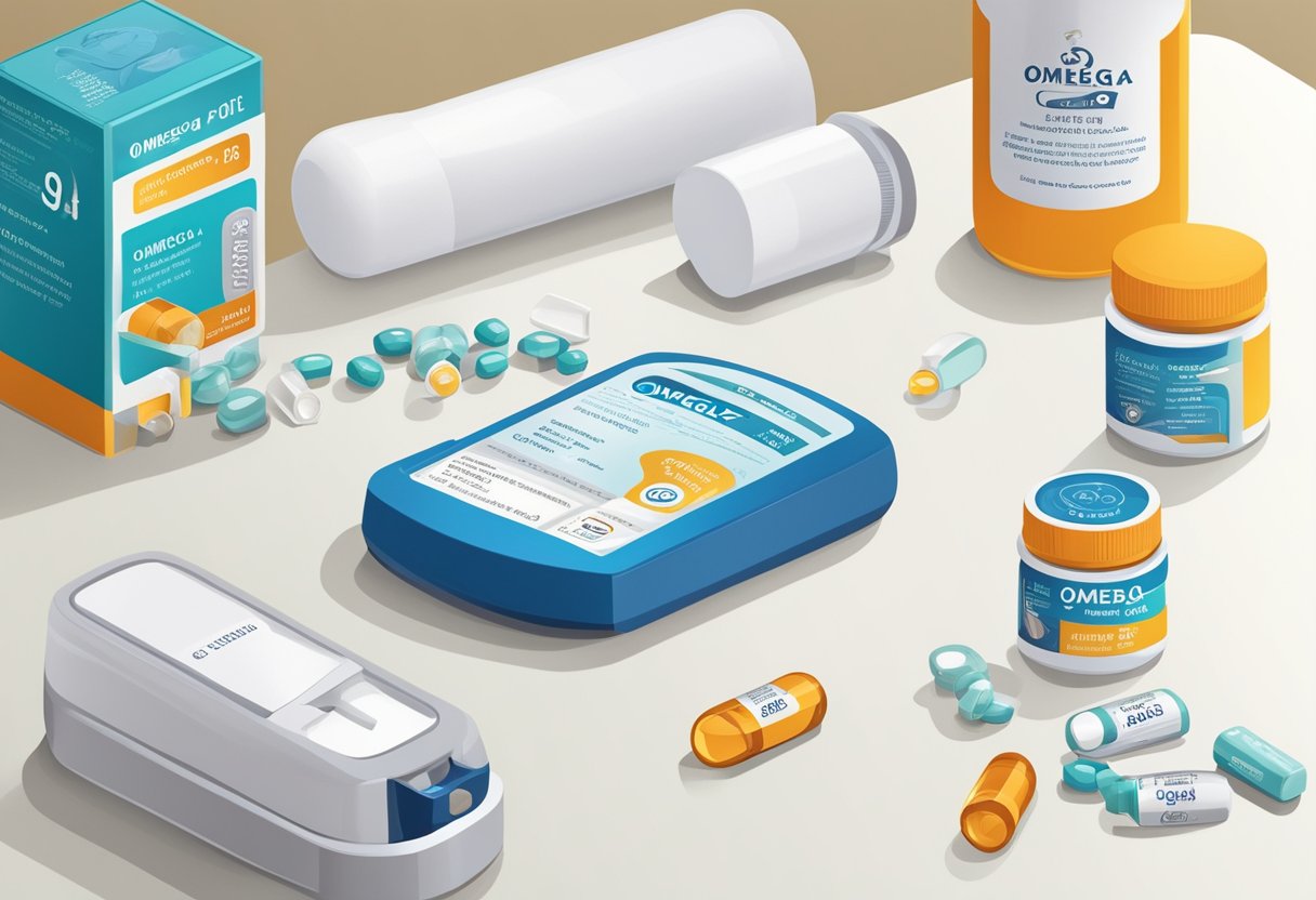 A bottle of omega-3 fish oil capsules next to a blood glucose monitor and a diabetes medication box on a clean, white clinical table