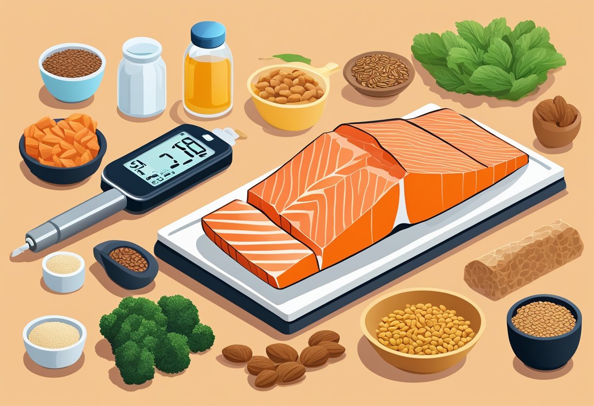A table with a variety of foods rich in omega-3 fatty acids, such as salmon, flaxseeds, and walnuts. A diabetes blood sugar monitor and insulin pen are also present