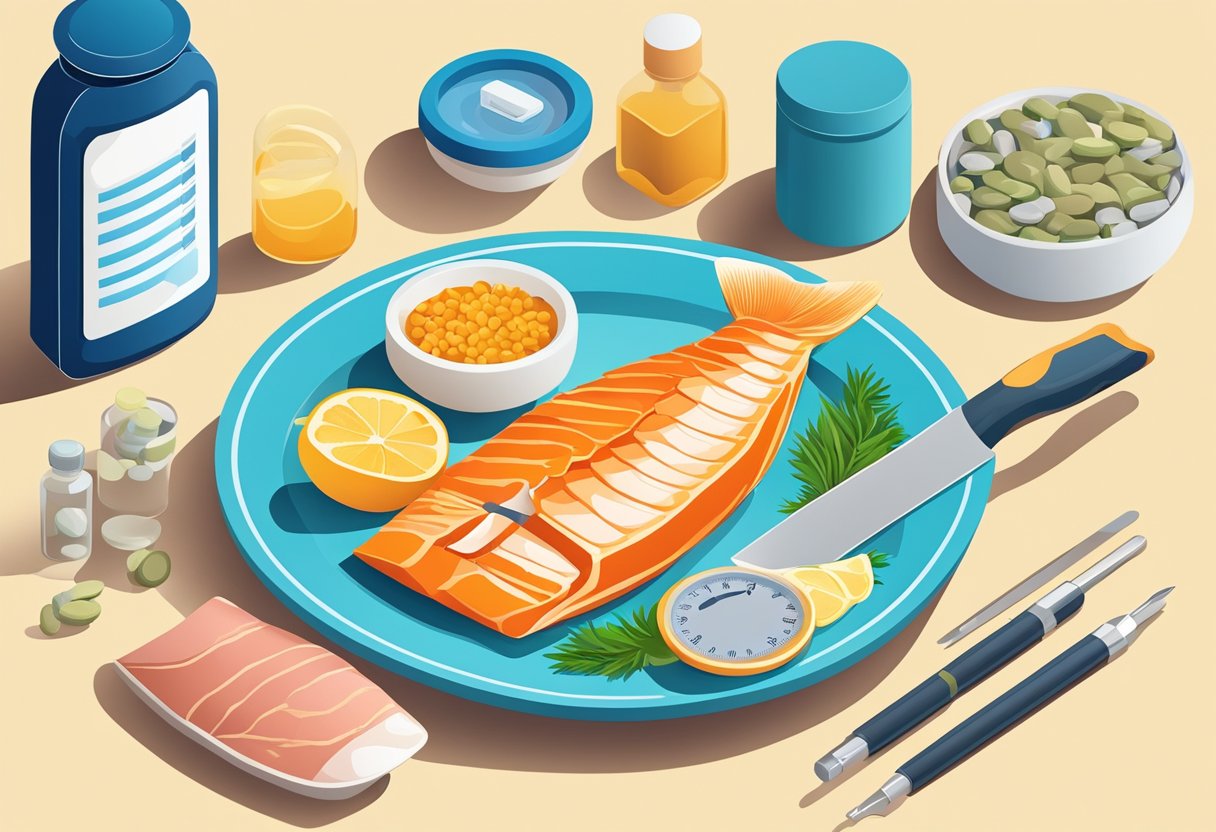 A table with a plate of fish, a bottle of omega-3 supplements, and a blood glucose monitor. A chart showing improved glucose levels