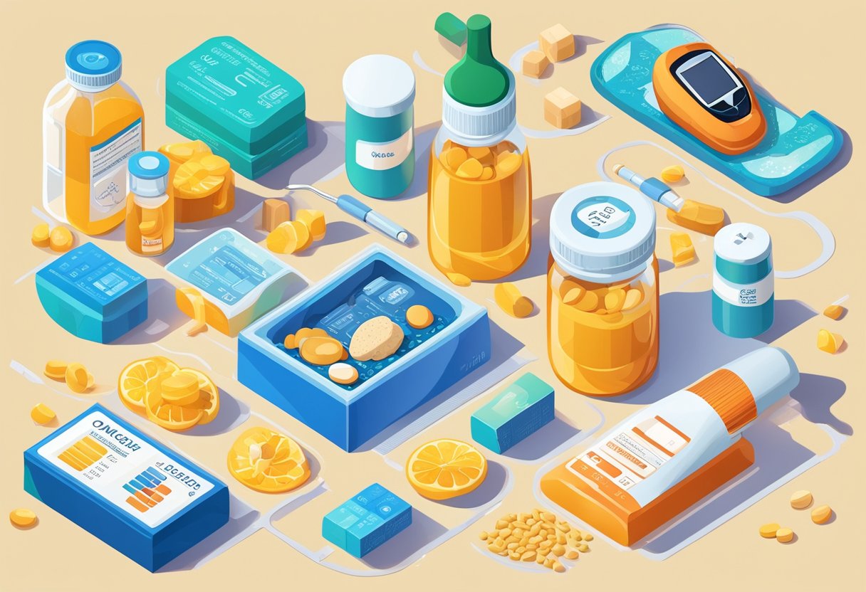 A bottle of omega-3 supplements surrounded by diabetes-related items like a blood glucose meter, healthy food, and medication