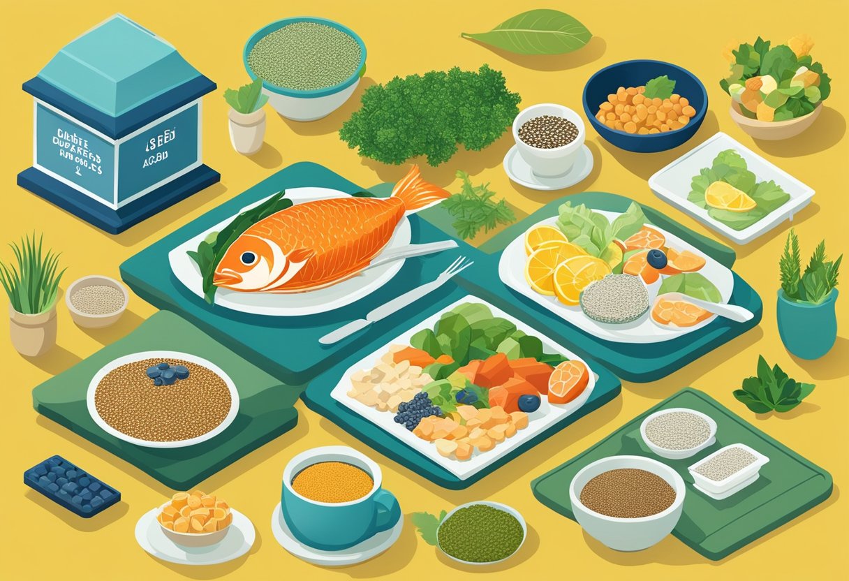 A table with a variety of foods rich in omega-3 fatty acids, such as fish, chia seeds, and flaxseeds, surrounded by informational posters about diabetes management