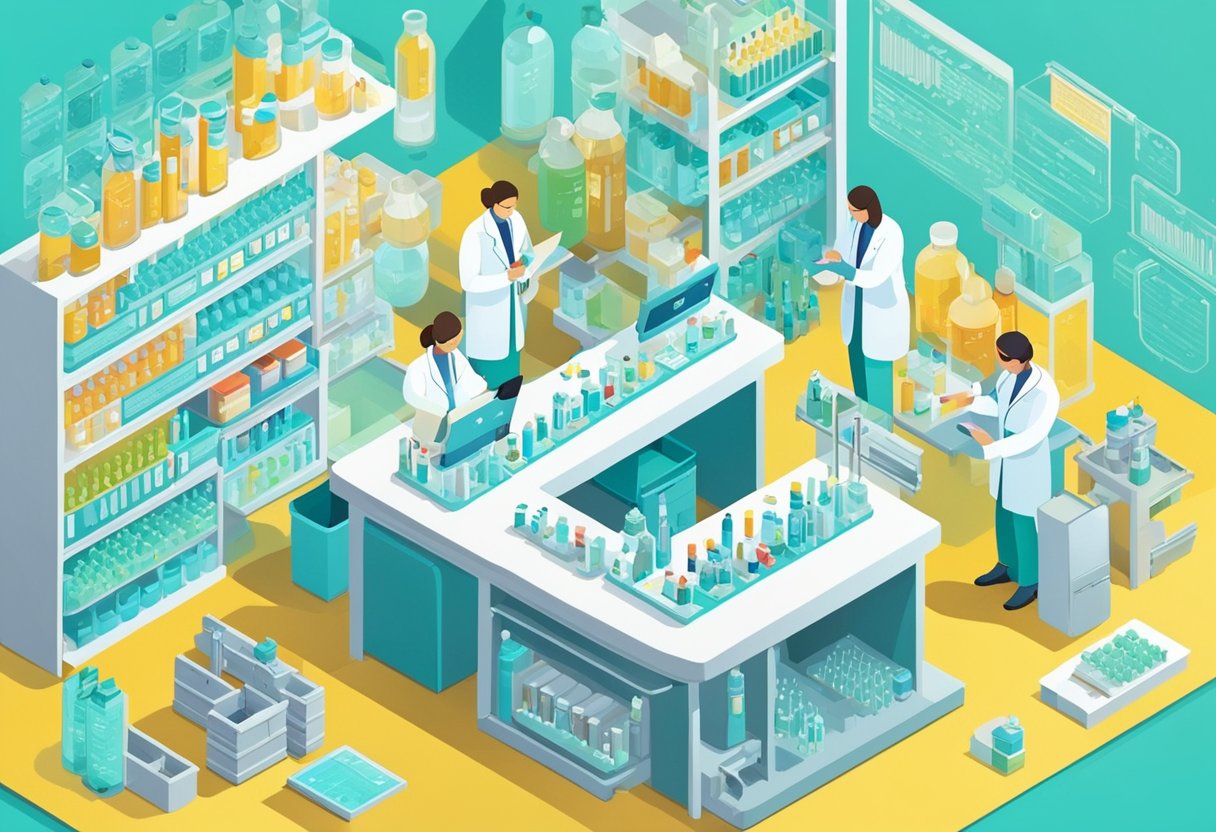 A laboratory setting with vials of omega-3 fatty acids and diabetes-related research materials, with scientists analyzing data and discussing future directions