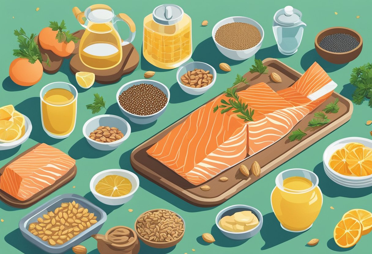 A table filled with omega-3 rich foods like salmon, flaxseeds, and walnuts. A diabetes-friendly meal plan and exercise equipment nearby