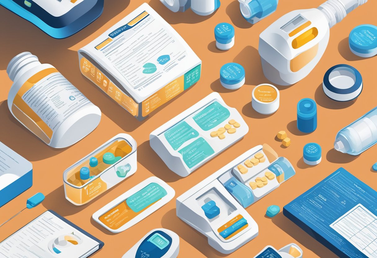 A bottle of omega-3 supplements next to a blood glucose monitor and a list of potential side effects