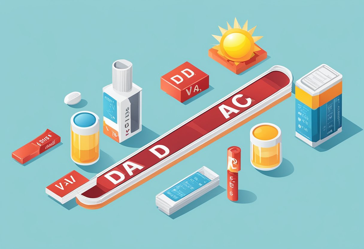 A bright sun shining down on a blood test strip with the letters "Vitamin D" and "A1C" prominently displayed
