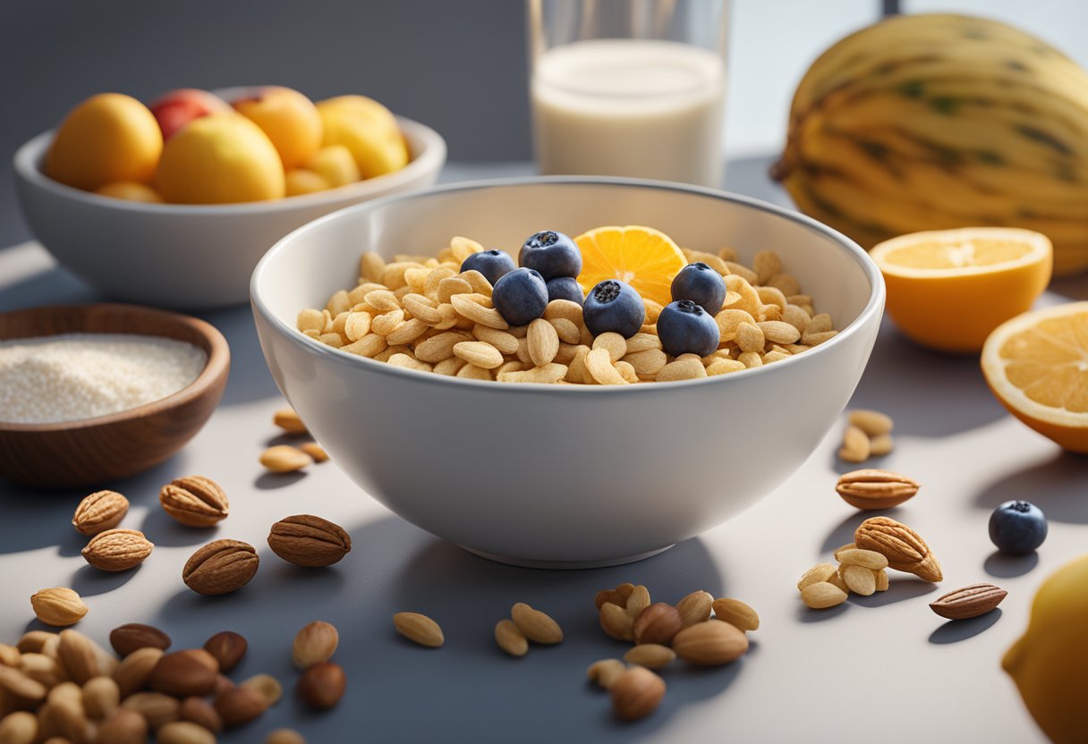 A bowl of high-protein cereal surrounded by fresh fruits, nuts, and a glass of milk on a table