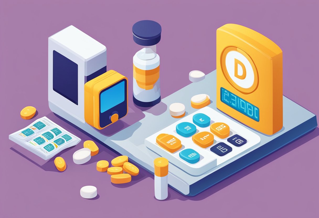 A bottle of vitamin D supplements next to a blood sugar monitor displaying A1C levels