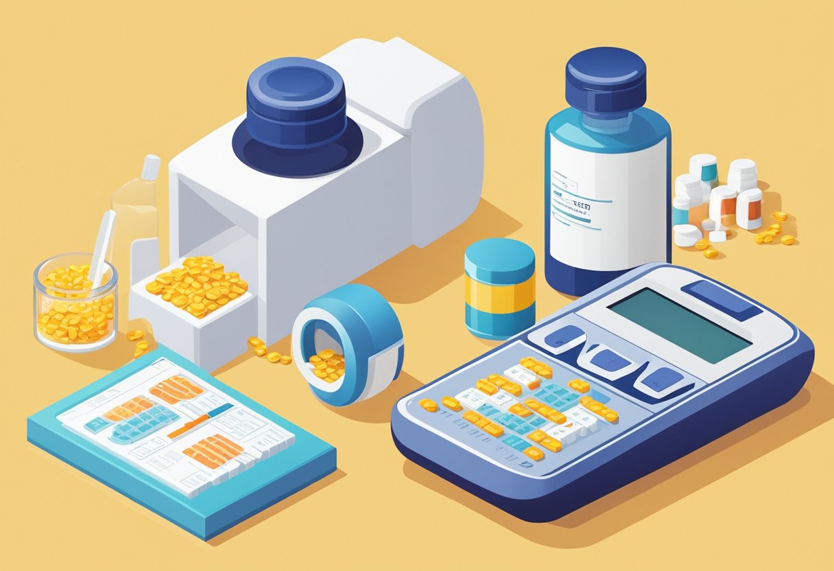 A bottle of vitamin D supplements next to a blood sugar monitor showing controlled levels (A1C)