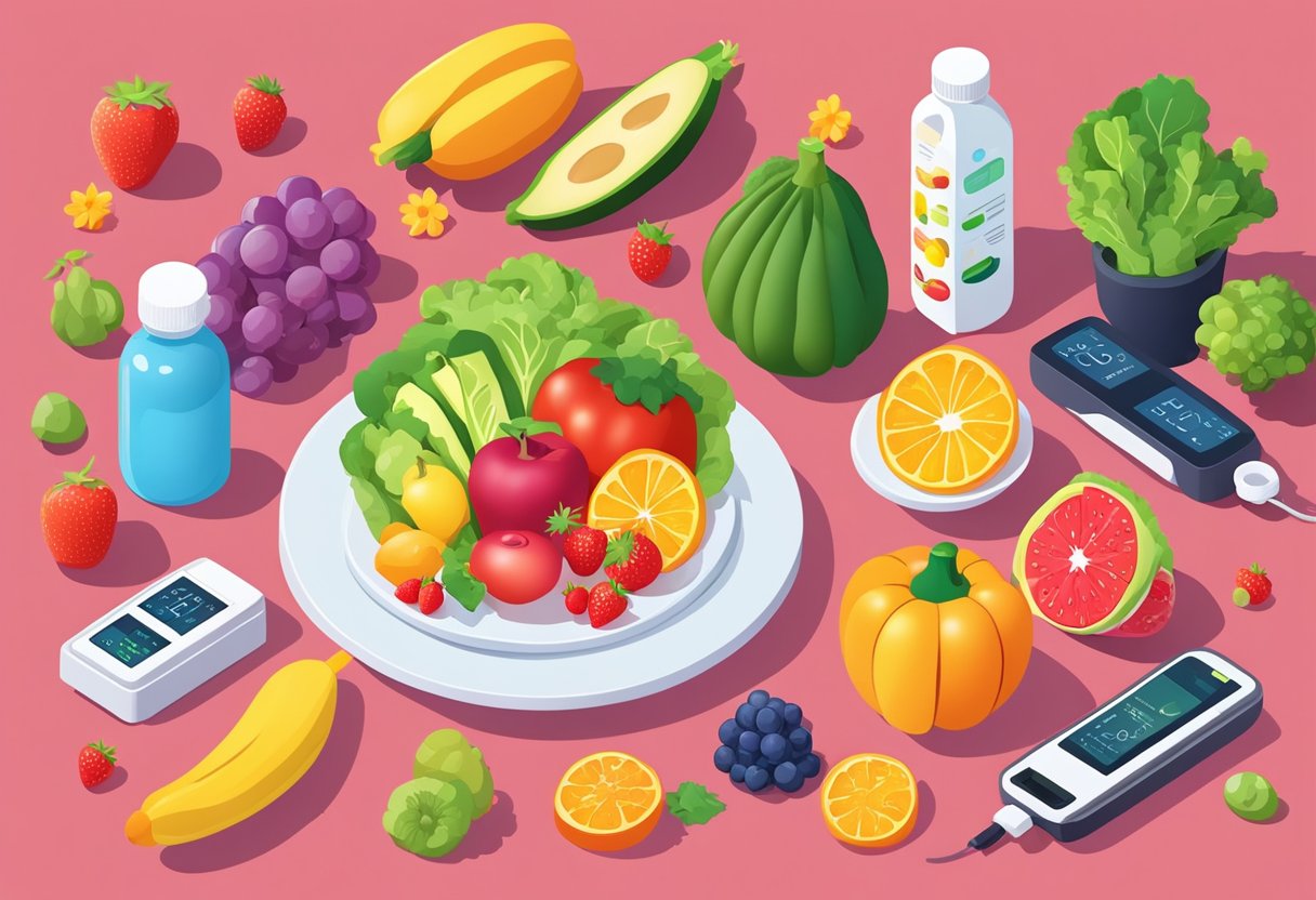 A sunny day with a plate of colorful fruits and vegetables, a bottle of vitamin D supplements, and a blood sugar monitor displaying A1C levels