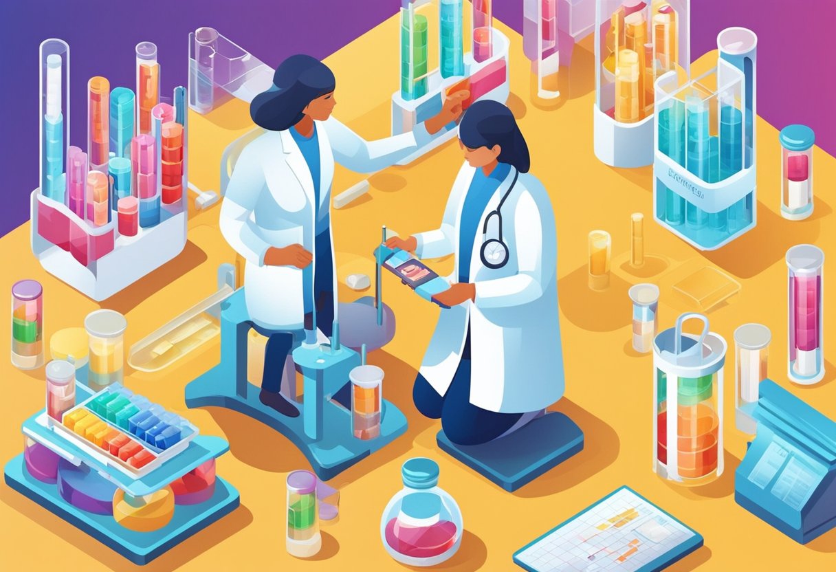 A lab technician measures Vitamin D and A1C levels using test tubes and a blood sample