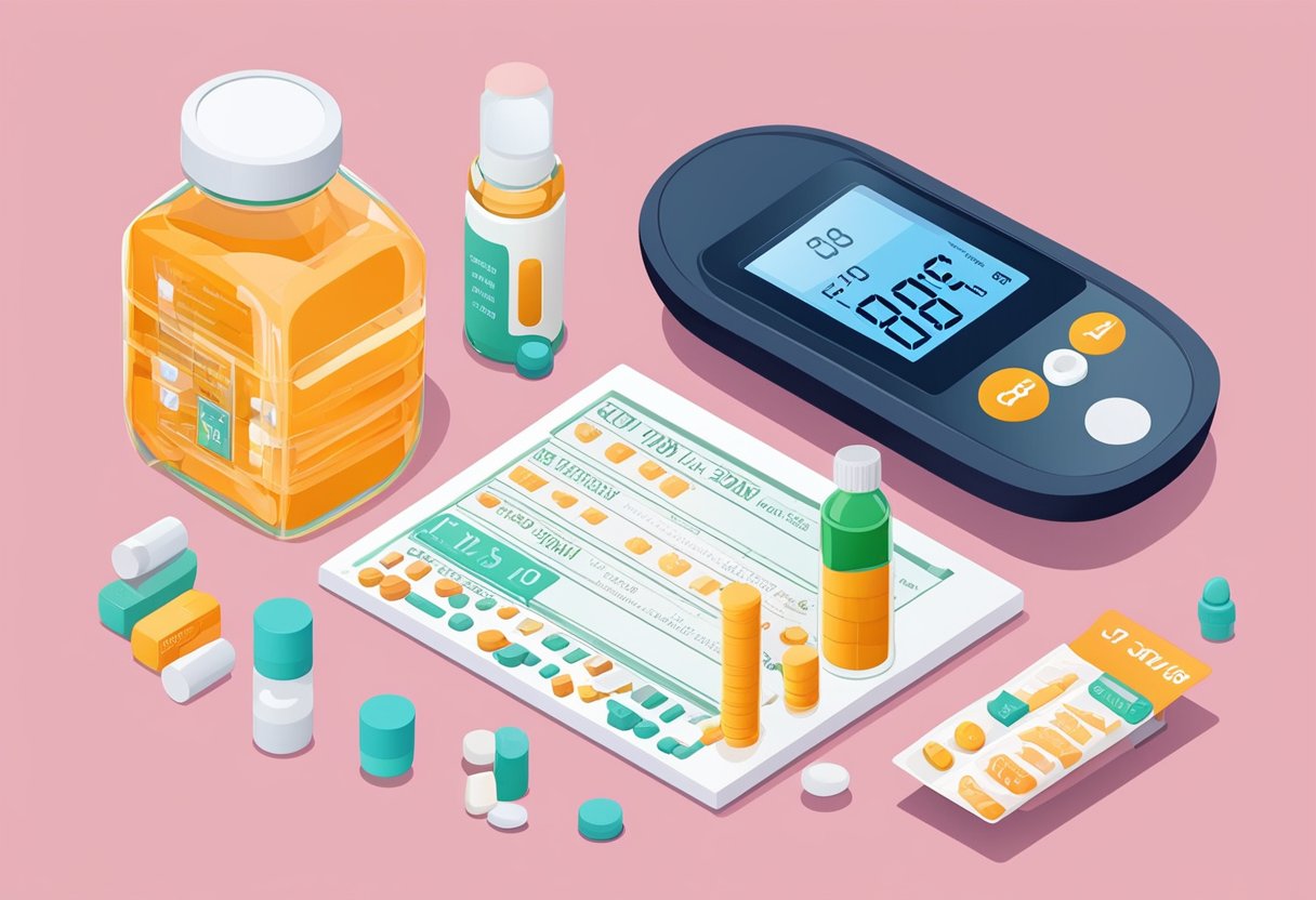 A bottle of vitamin D supplements and a blood glucose monitor with a display of A1C levels
