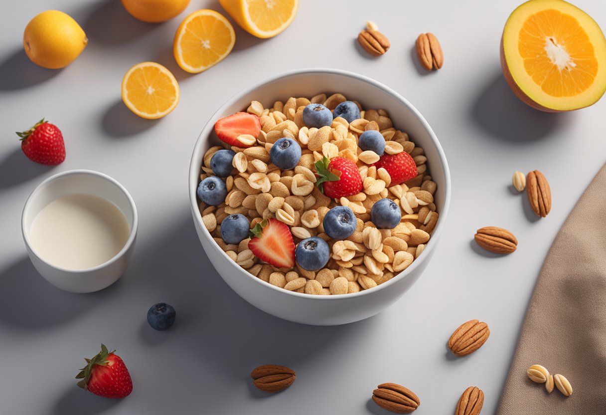 A bowl filled with high-protein cereals surrounded by fresh fruits and nuts, with a glass of milk on the side