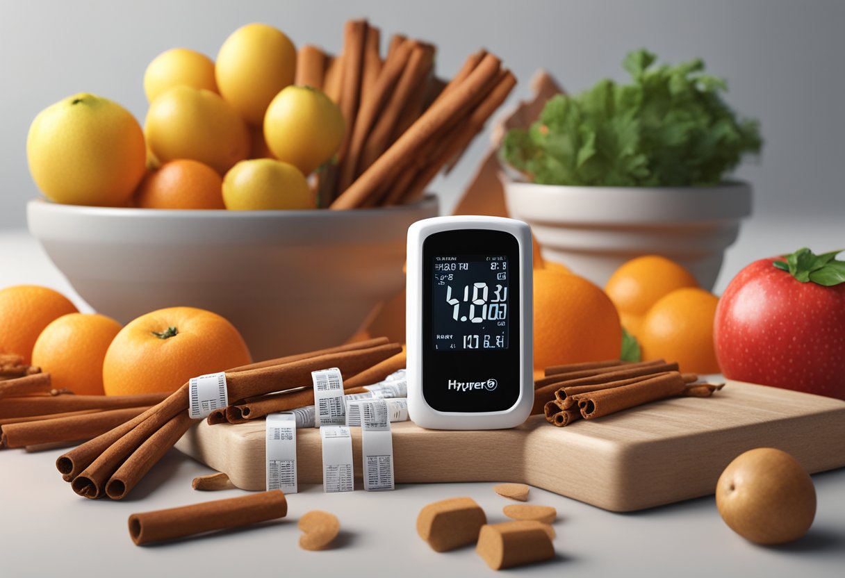 A cinnamon stick surrounded by blood sugar test strips and a glucometer, with a background of healthy food items like fruits and vegetables