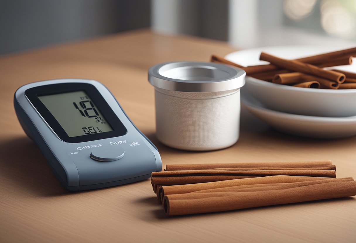 A cinnamon stick sits next to a blood sugar monitor, pills, and a diabetes pamphlet on a table. The warm, comforting aroma of cinnamon fills the air