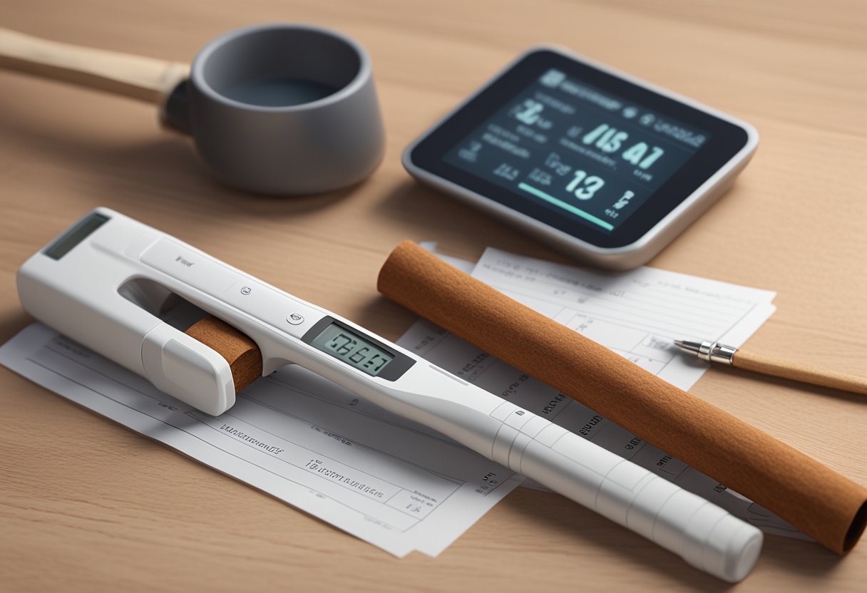 A cinnamon stick and a blood sugar monitor on a table with a list of benefits and interactions for diabetes treatment