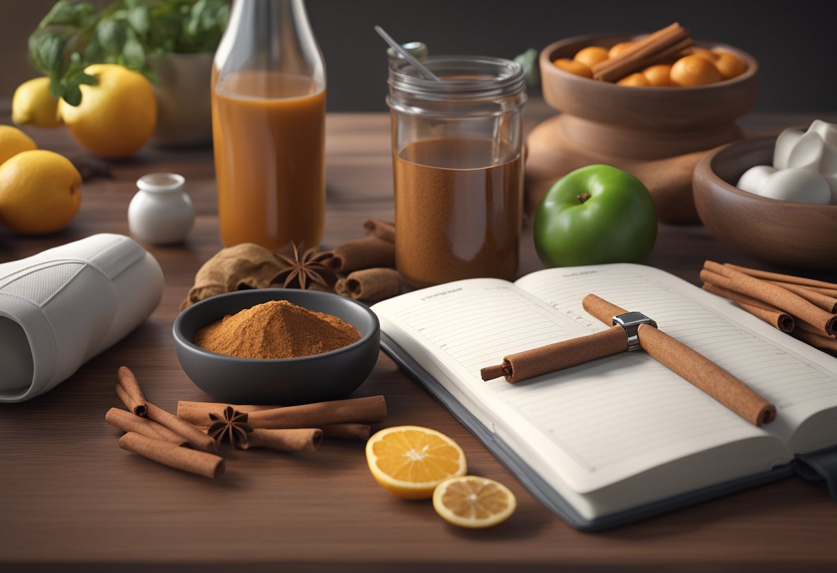 A table with a bottle of cinnamon and a blood sugar monitor, surrounded by healthy food and a journal