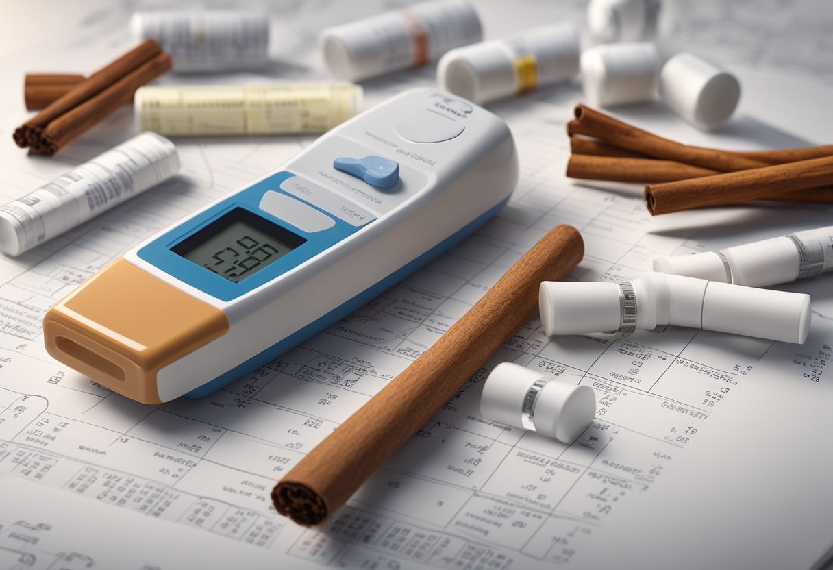 A cinnamon stick surrounded by scattered blood sugar test strips and a glucometer, with a background of medical charts and a bottle of diabetes medication