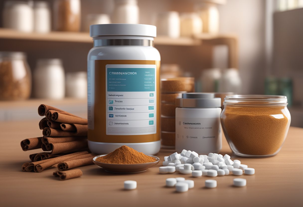 A jar of cinnamon surrounded by blood sugar monitor and diabetes medication, with a list of FAQs in the background