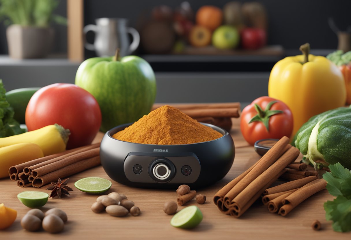 A cinnamon stick surrounded by various fruits and vegetables, with a blood sugar monitor in the background